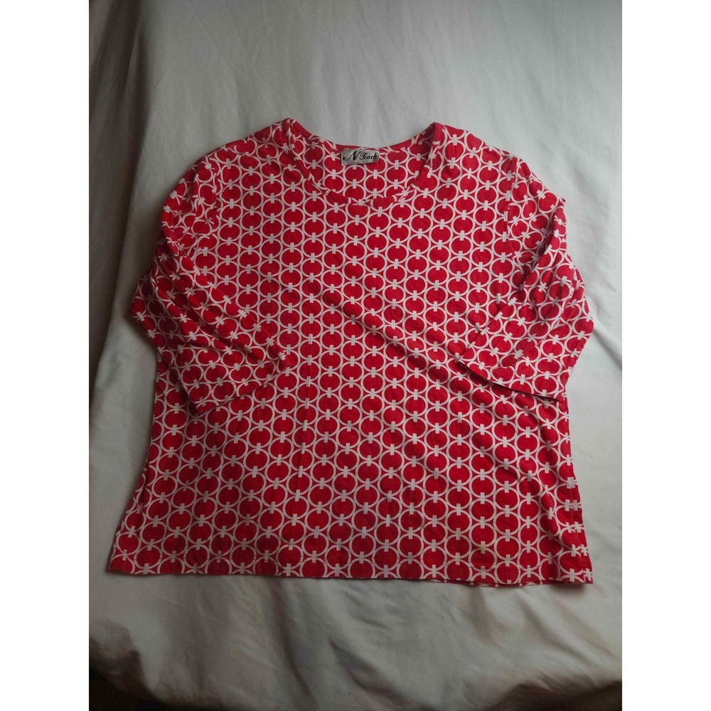 N Touch Red White Geometric Circle Print 3/4 Sleeve Top Womens XL